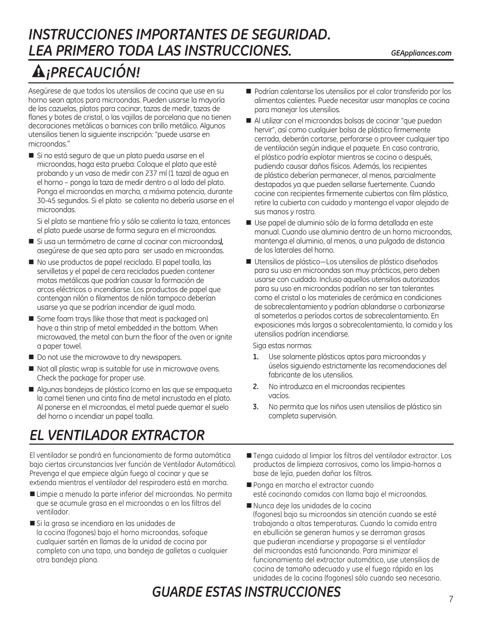 Guarde estas instrucciones, Precaución! el ventilador extractor | GE JVM6175RFSS User Manual | Page 7 / 60