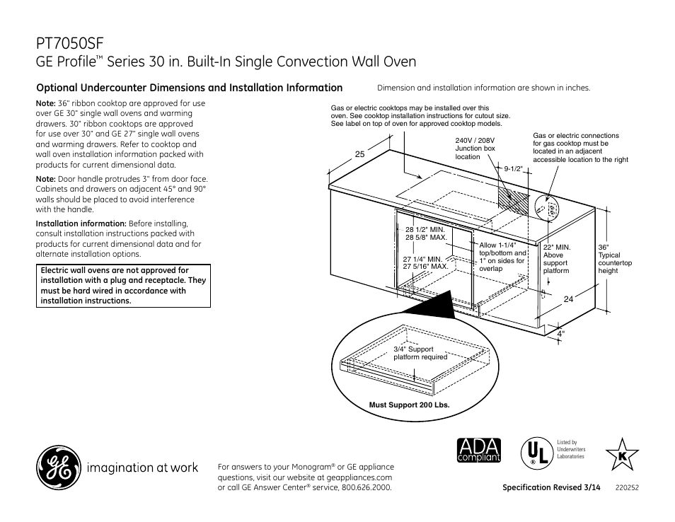 Side by side single ovens, Pt7050sf, Ge profile | Series 30 in. built-in single convection wall oven | GE PT7050SFSS User Manual | Page 2 / 3