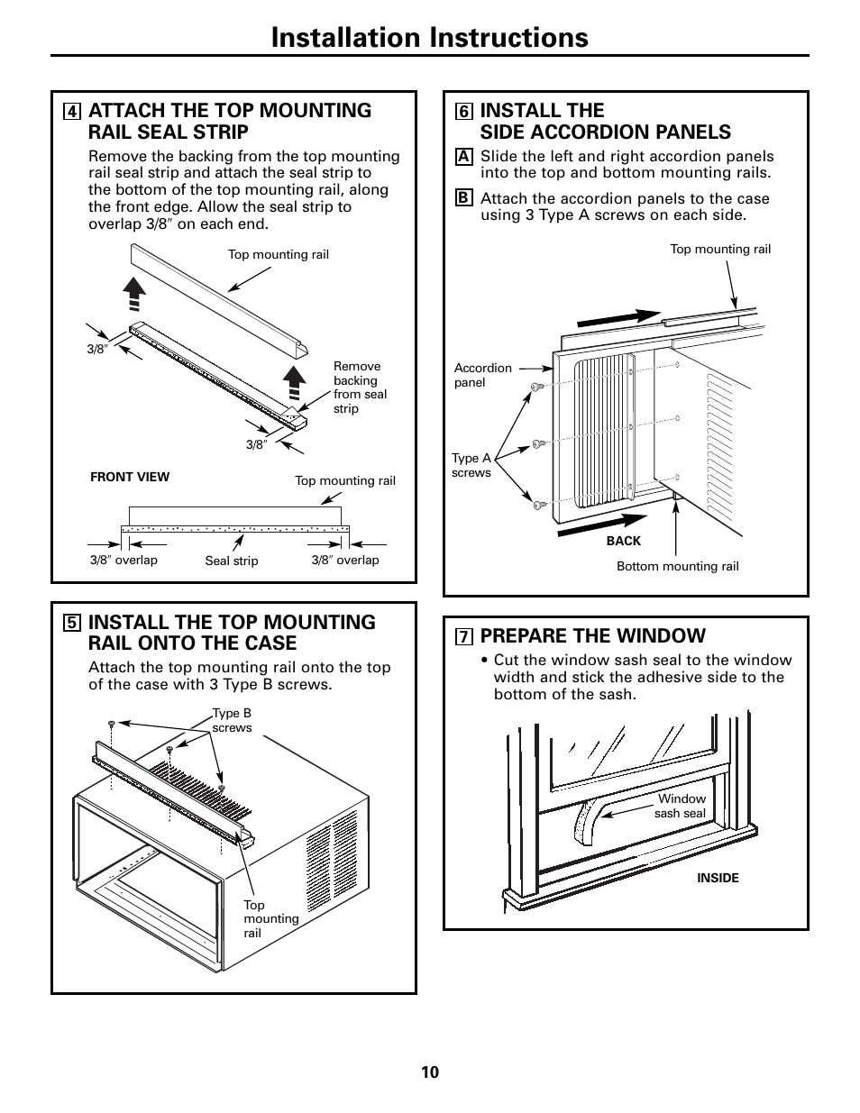 Installation instructions, Attach the top mounting rail seal strip, Install the top mounting rail onto the case | Install the side accordion panels, Prepare the window | GE AEQ12AQ User Manual | Page 10 / 52