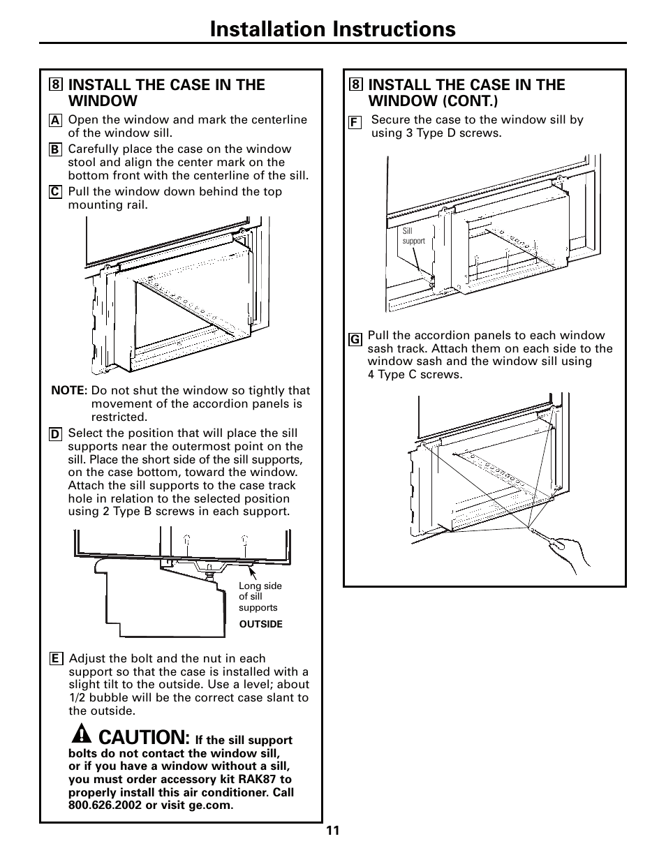 Installation instructions, Caution | GE AEQ12AQ User Manual | Page 11 / 52