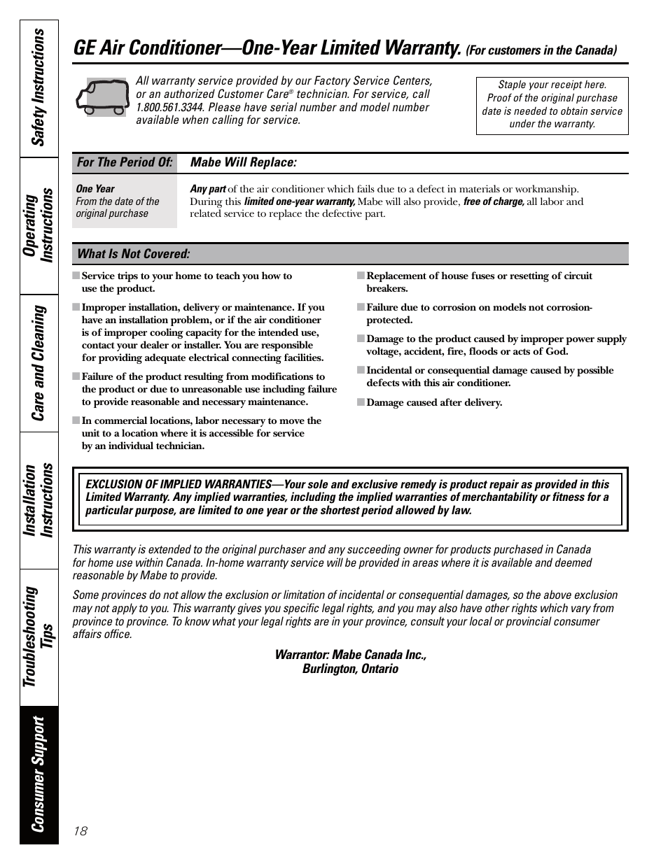 Warranty for customers in the u.s.a, Ge air conditioner—one-year limited warranty | GE AEQ12AQ User Manual | Page 18 / 52