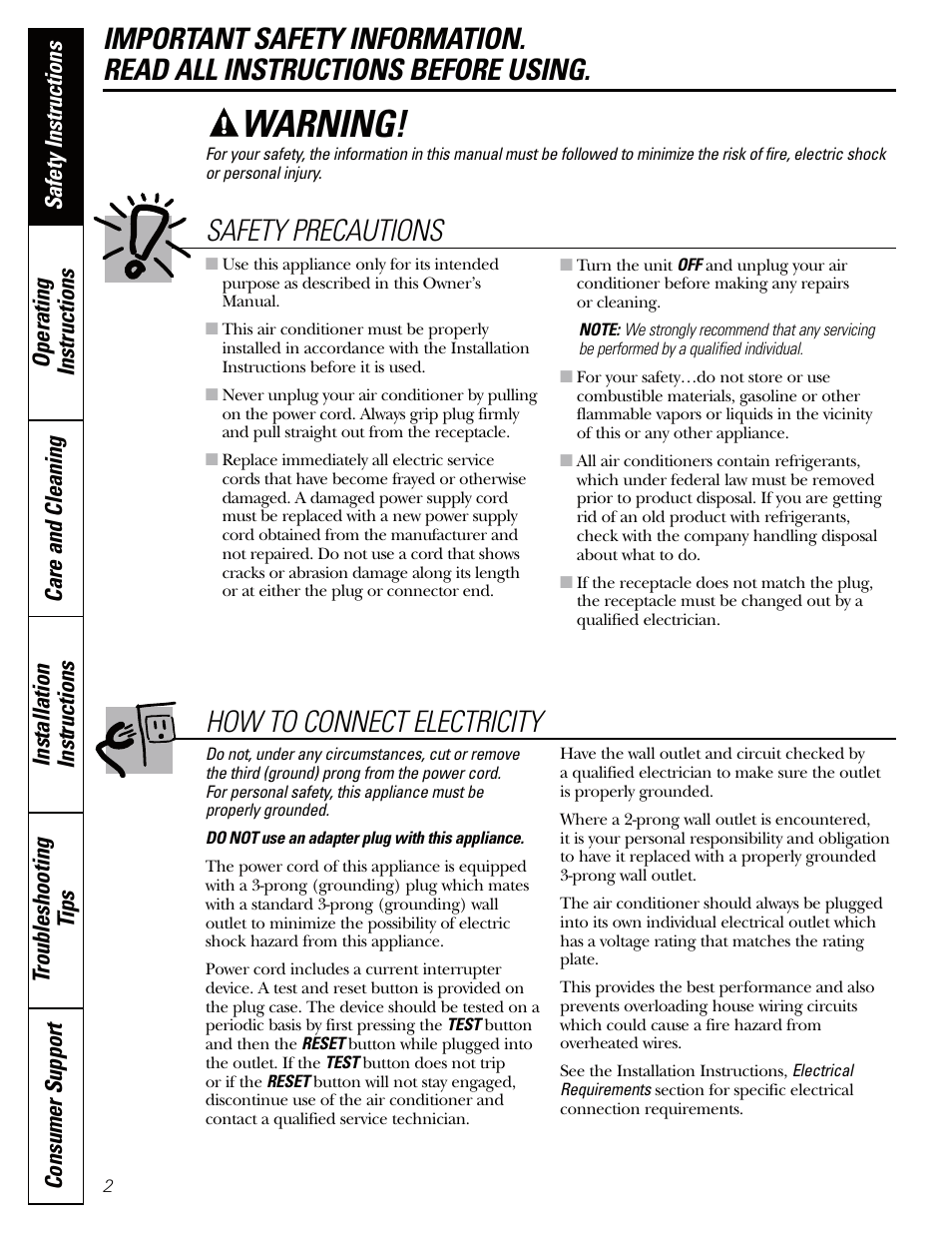 Safety instructions, Warning, Safety precautions | How to connect electricity | GE AEQ12AQ User Manual | Page 2 / 52