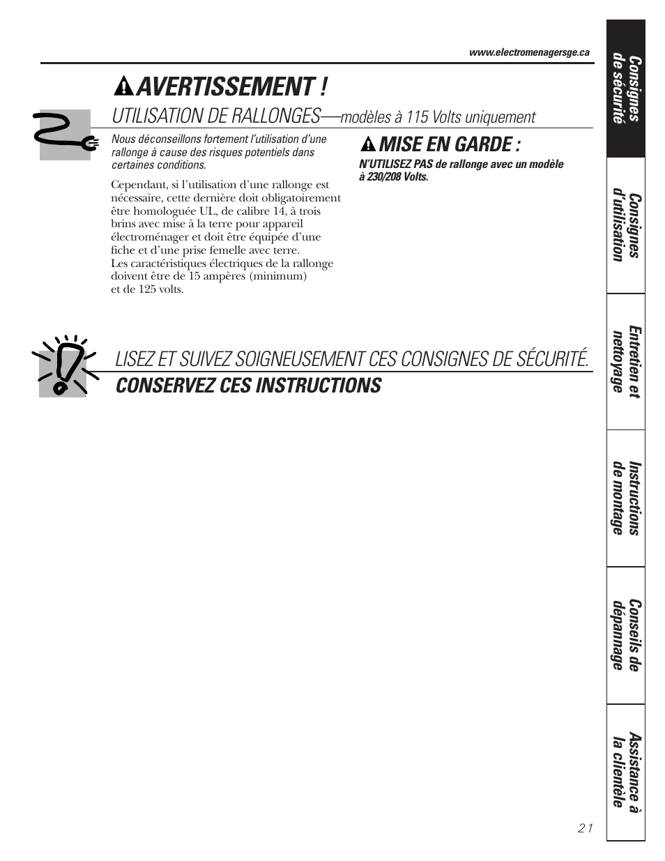 Avertissement, Mise en garde, Utilisation de rallonges | GE AEQ12AQ User Manual | Page 21 / 52