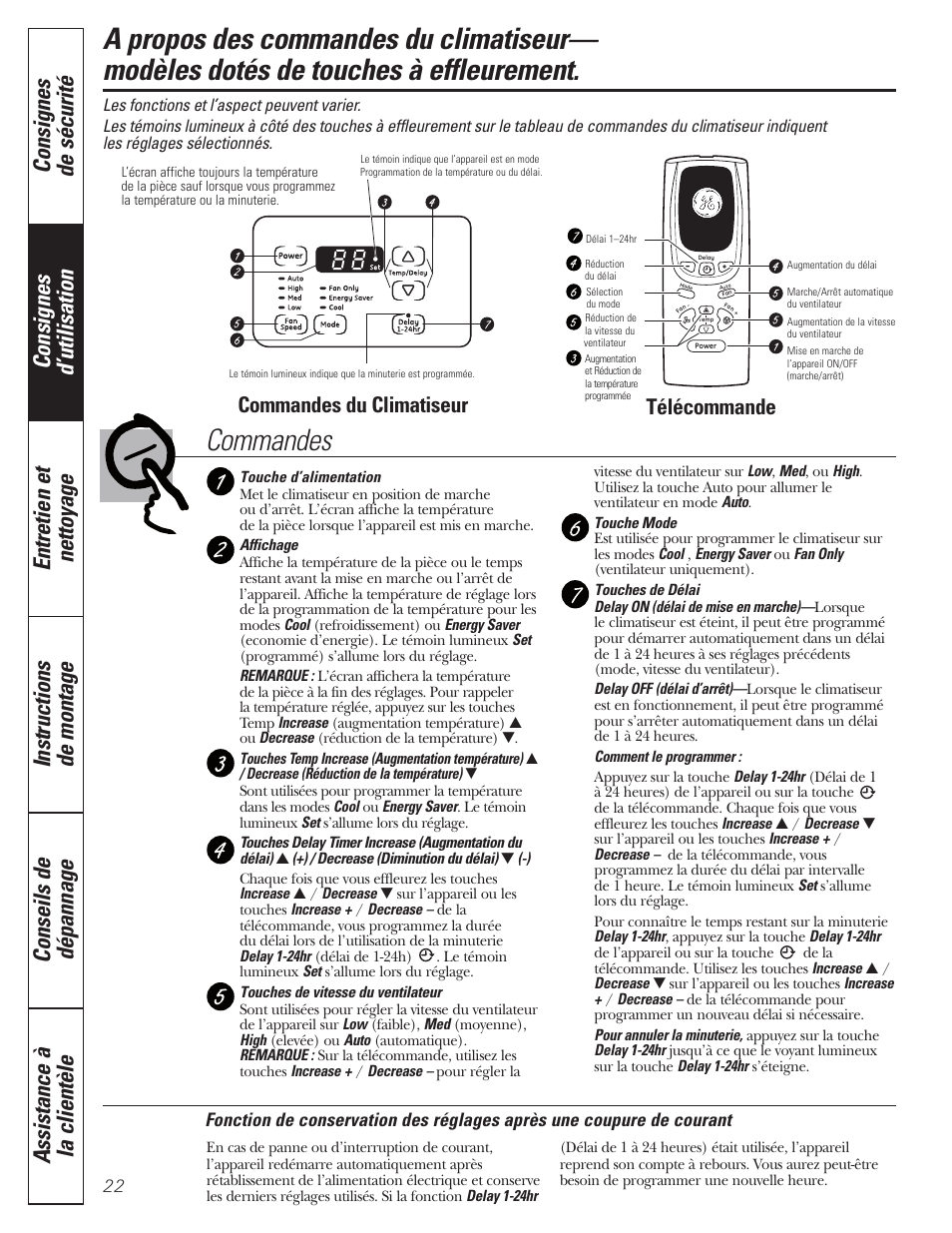 Modèles dotés touches à effleurement, Modèles dotés touches à effleurement , 23, Commandes du climatiseur | Télécommande | GE AEQ12AQ User Manual | Page 22 / 52