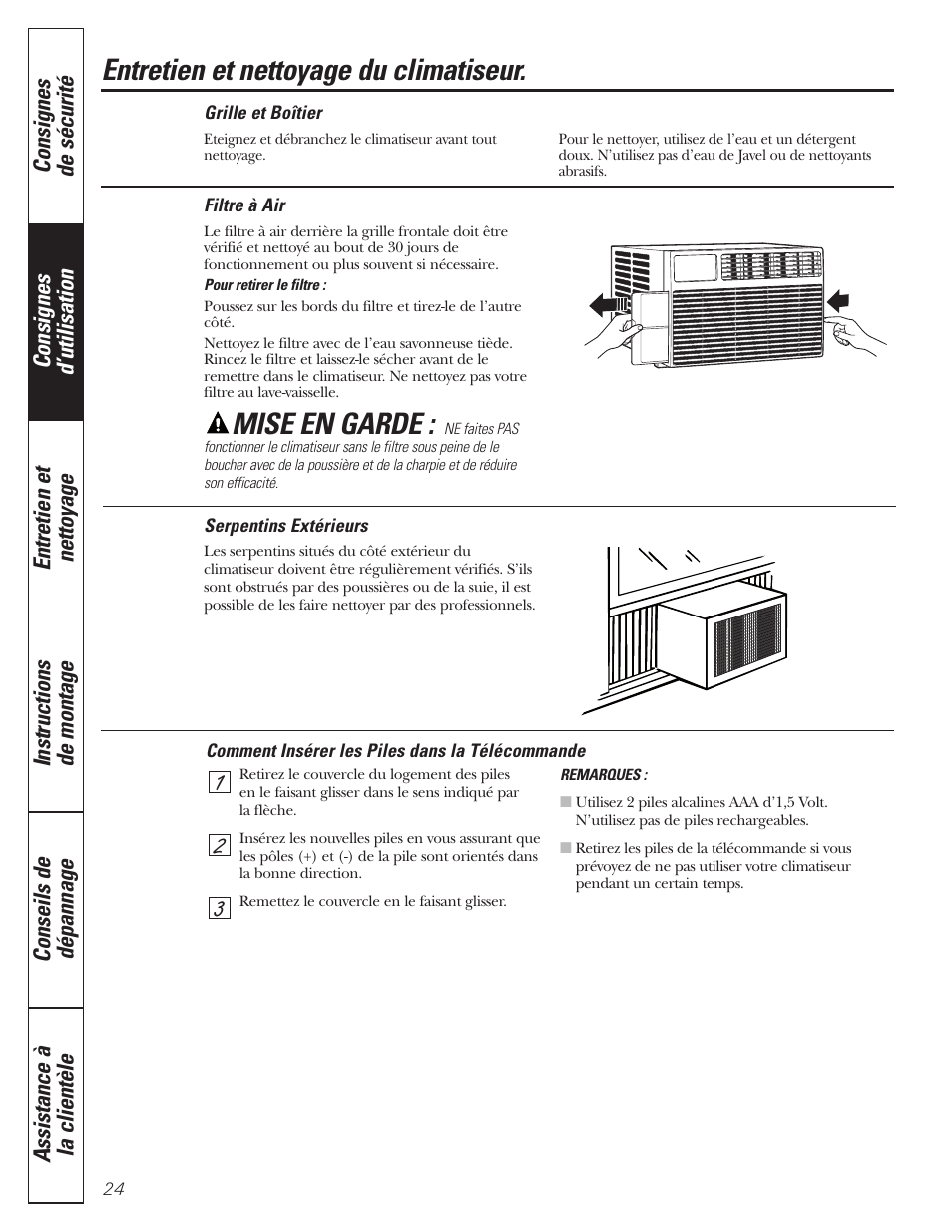 Filtre à air, Serpentins extérieurs, Filtre à air serpentins extérieurs | Mise en garde, Entretien et nettoyage du climatiseur | GE AEQ12AQ User Manual | Page 24 / 52
