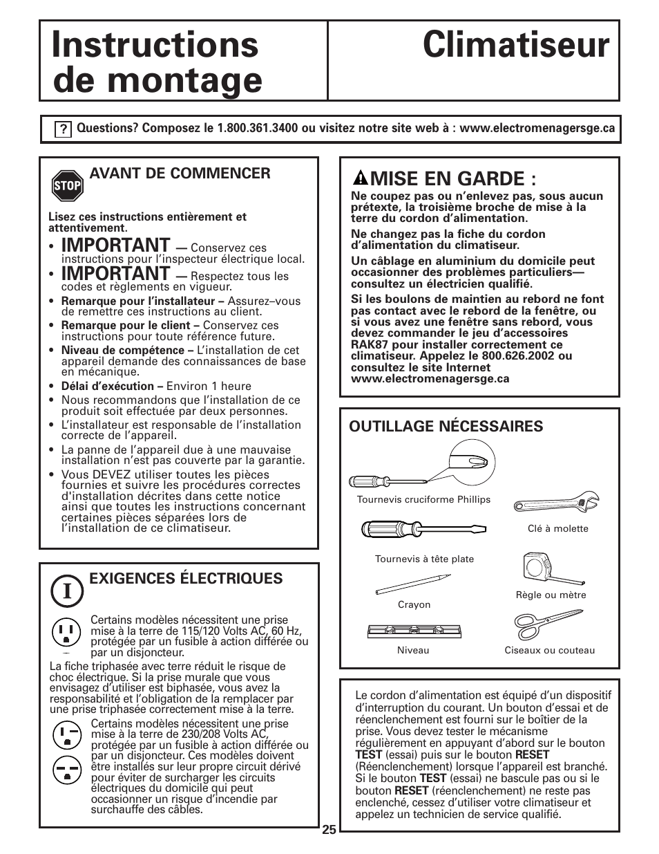 Instructions de montage, Instructions climatiseur de montage, Important | Mise en garde | GE AEQ12AQ User Manual | Page 25 / 52
