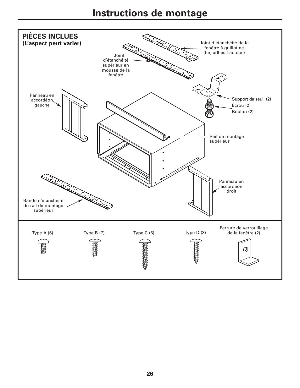 Instructions de montage, Pièces inclues | GE AEQ12AQ User Manual | Page 26 / 52