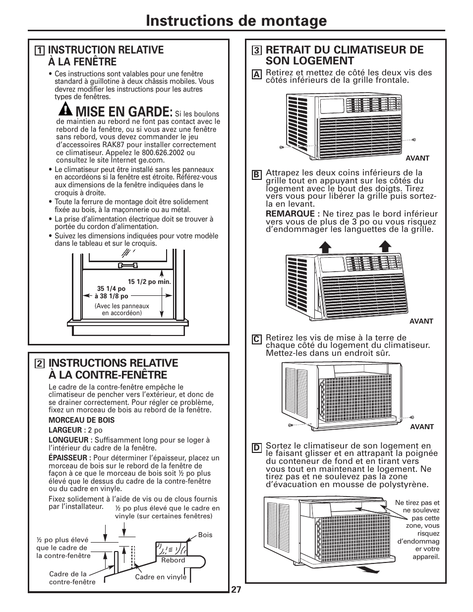 Instructions de montage, Mise en garde, Instructions relative à la contre-fenêtre | Instruction relative à la fenêtre, Retrait du climatiseur de son logement | GE AEQ12AQ User Manual | Page 27 / 52