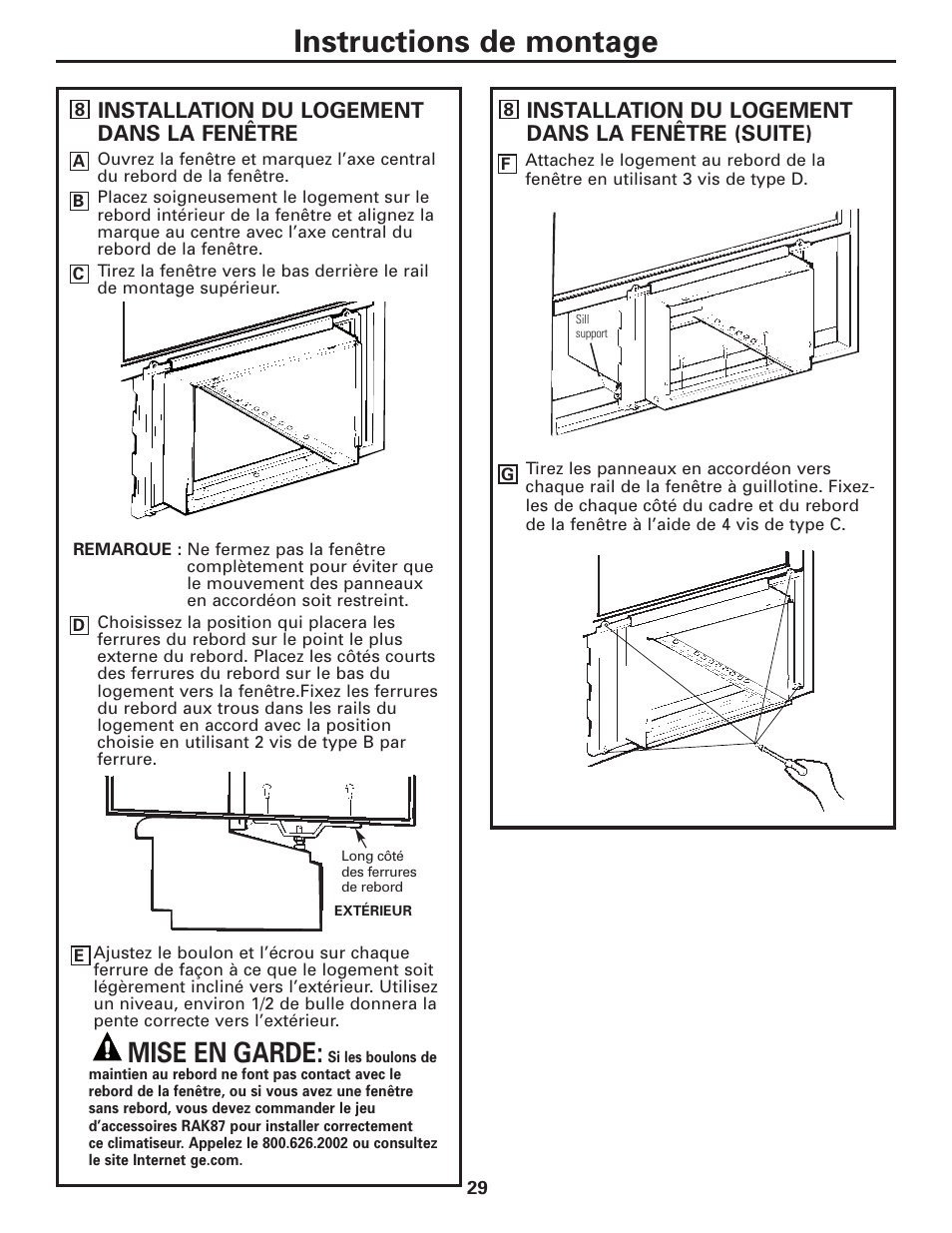 Instructions de montage, Mise en garde | GE AEQ12AQ User Manual | Page 29 / 52
