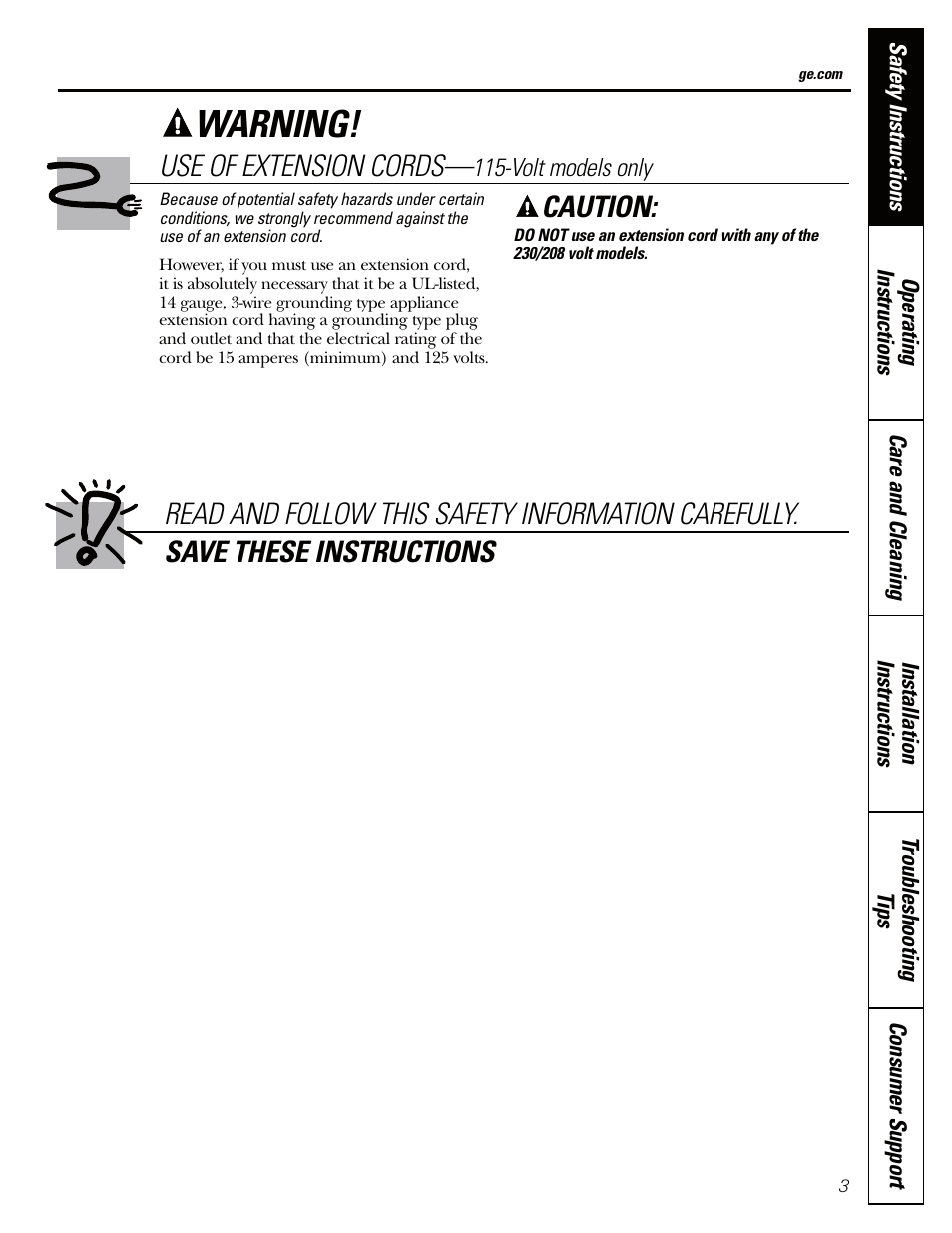 Warning, Caution, Use of extension cords | GE AEQ12AQ User Manual | Page 3 / 52