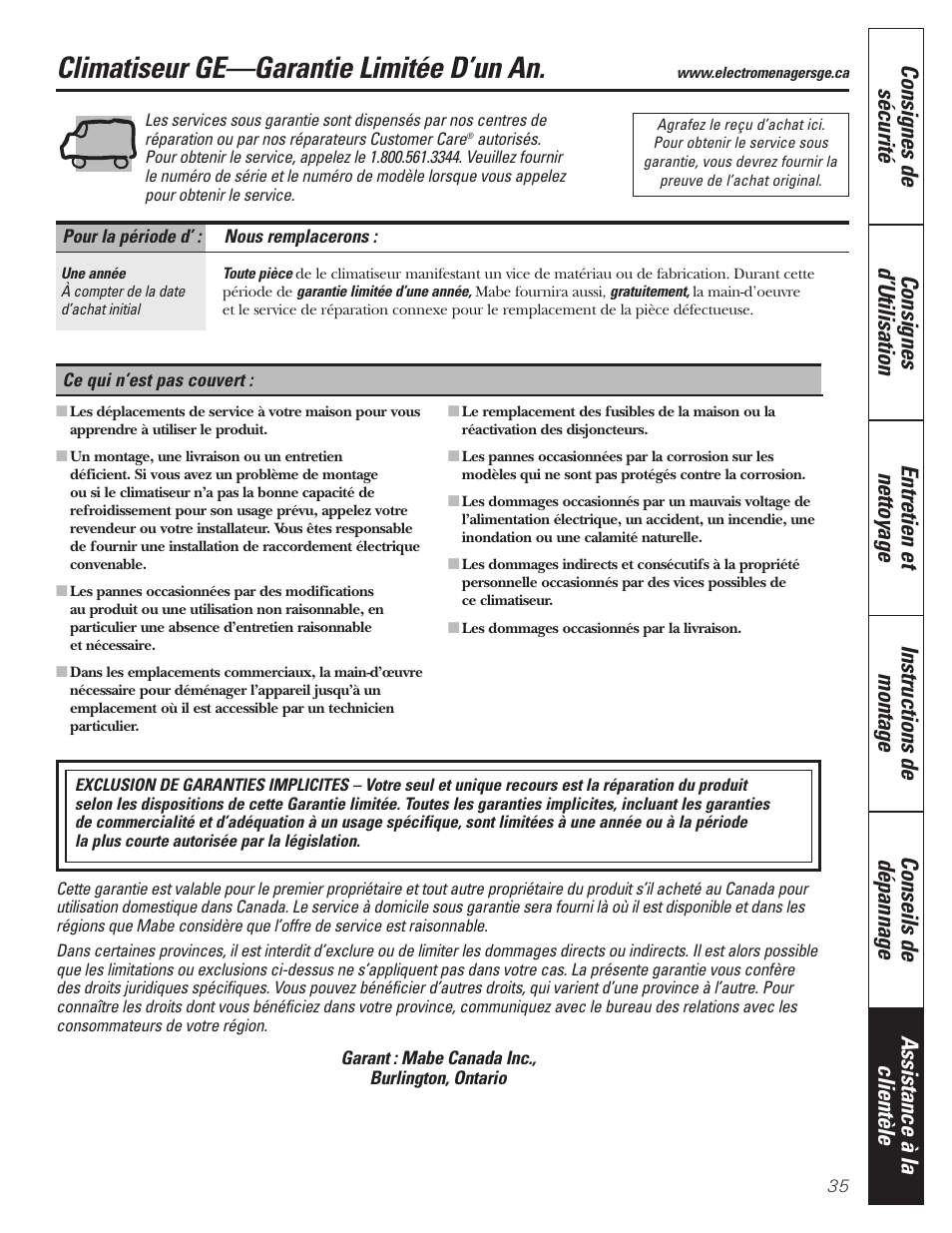 Garantie, Climatiseur ge—garantie limitée d’un an | GE AEQ12AQ User Manual | Page 35 / 52