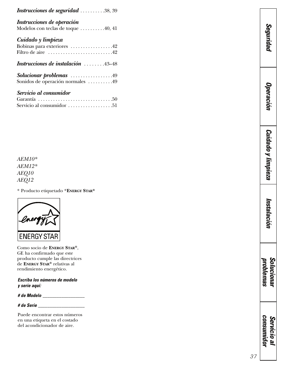Spahish, Instrucciones de operación, Cuidado y limpieza | Servicio al consumidor | GE AEQ12AQ User Manual | Page 37 / 52