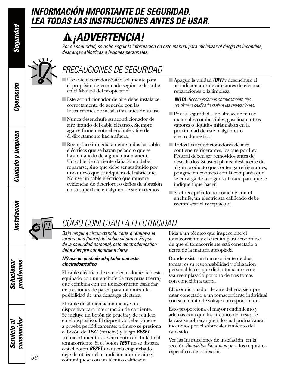 Instrucciones de seguridad, Advertencia, Precauciones de seguridad | Cómo conectar la electricidad | GE AEQ12AQ User Manual | Page 38 / 52