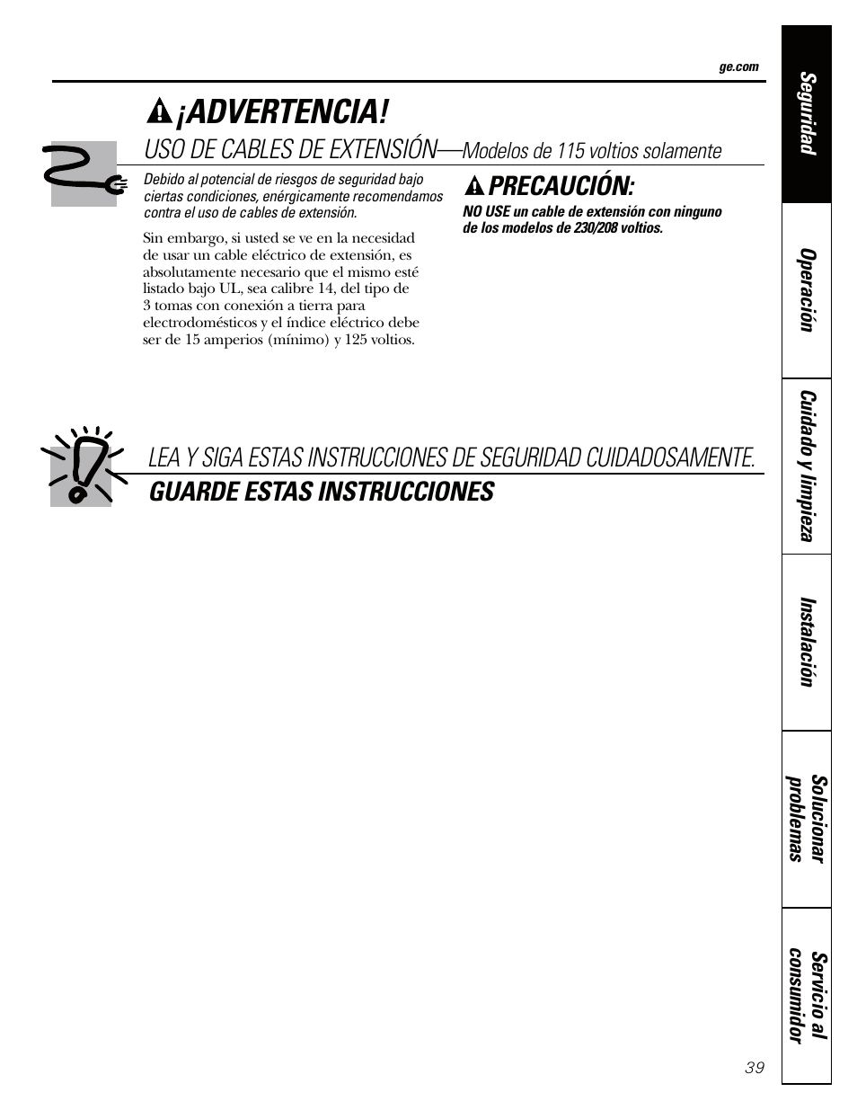 Advertencia, Precaución, Uso de cables de extensión | GE AEQ12AQ User Manual | Page 39 / 52