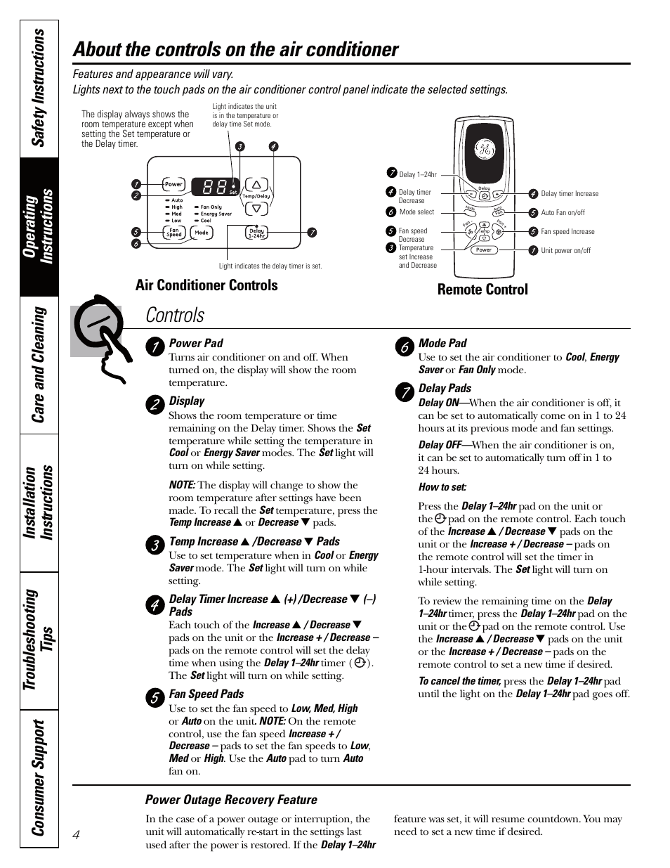 Operating instructions, About the controls on the air conditioner controls, Remote control | Air conditioner controls, Power outage recovery feature | GE AEQ12AQ User Manual | Page 4 / 52