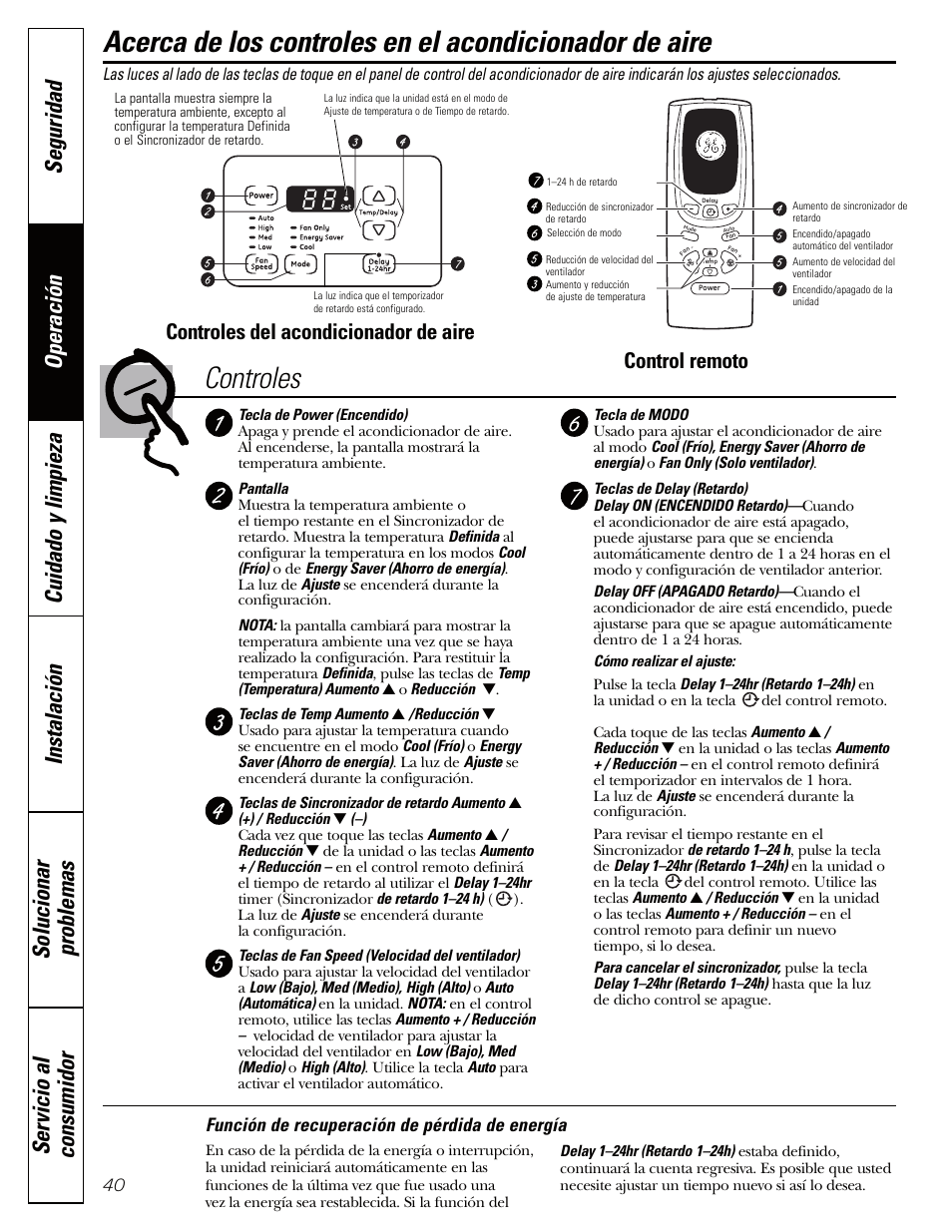 Modelos con teclas de toque, Modelos con teclas de toque , 41, Control remoto | Controles del acondicionador de aire, Función de recuperación de pérdida de energía | GE AEQ12AQ User Manual | Page 40 / 52
