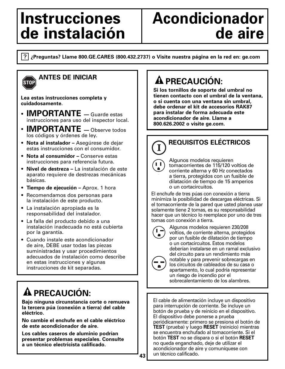 Instrucciones de instalación, Precaución, Importante | GE AEQ12AQ User Manual | Page 43 / 52