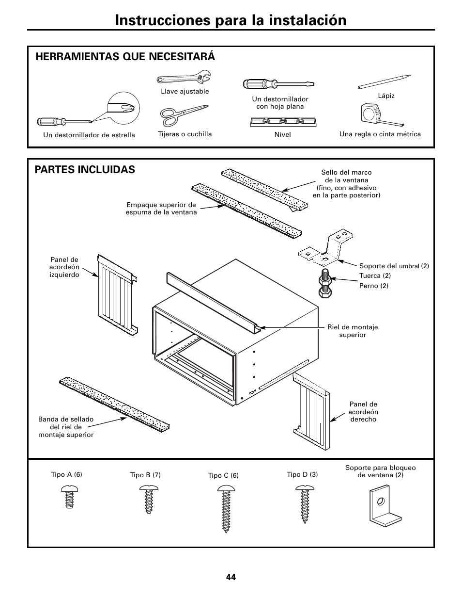 Instrucciones para la instalación, Partes incluidas, Herramientas que necesitará | GE AEQ12AQ User Manual | Page 44 / 52
