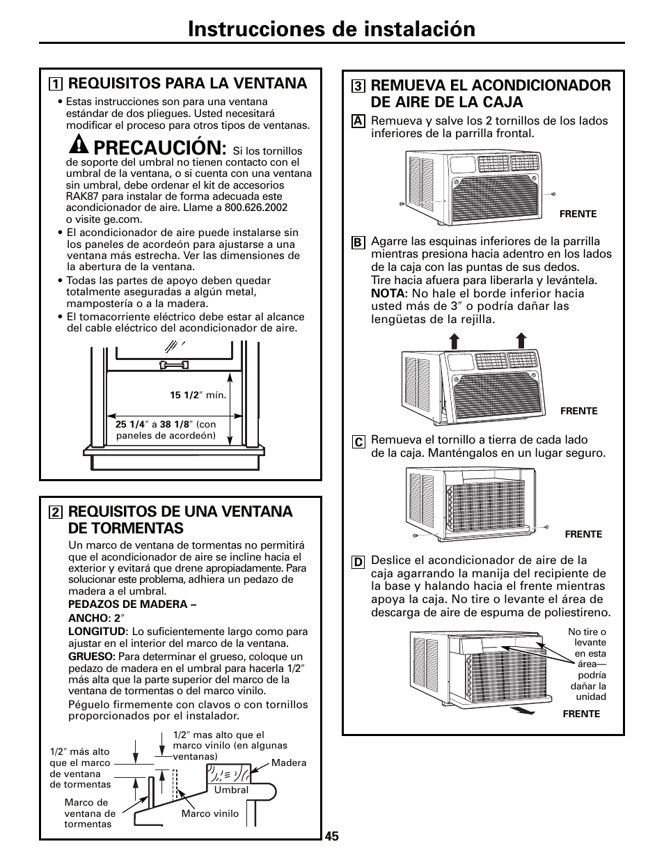 Instrucciones de instalación, Precaución, Requisitos para la ventana | Remueva el acondicionador de aire de la caja, Requisitos de una ventana de tormentas | GE AEQ12AQ User Manual | Page 45 / 52