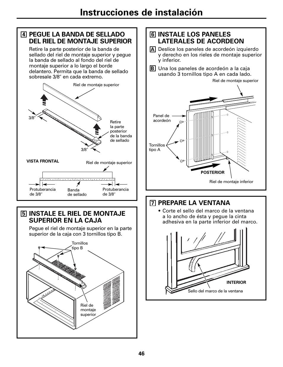 Instrucciones de instalación, Instale el riel de montaje superior en la caja, Instale los paneles laterales de acordeon | Prepare la ventana | GE AEQ12AQ User Manual | Page 46 / 52