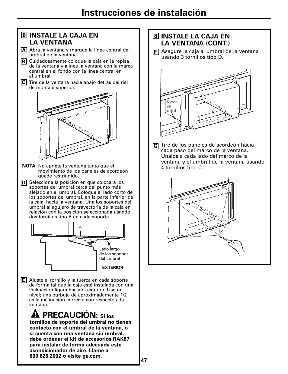Instrucciones de instalación, Precaución | GE AEQ12AQ User Manual | Page 47 / 52