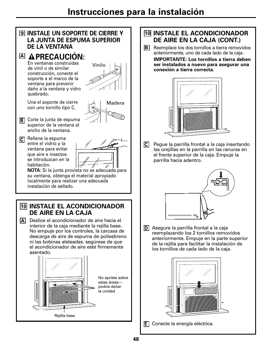 Instrucciones para la instalación, Precaución | GE AEQ12AQ User Manual | Page 48 / 52