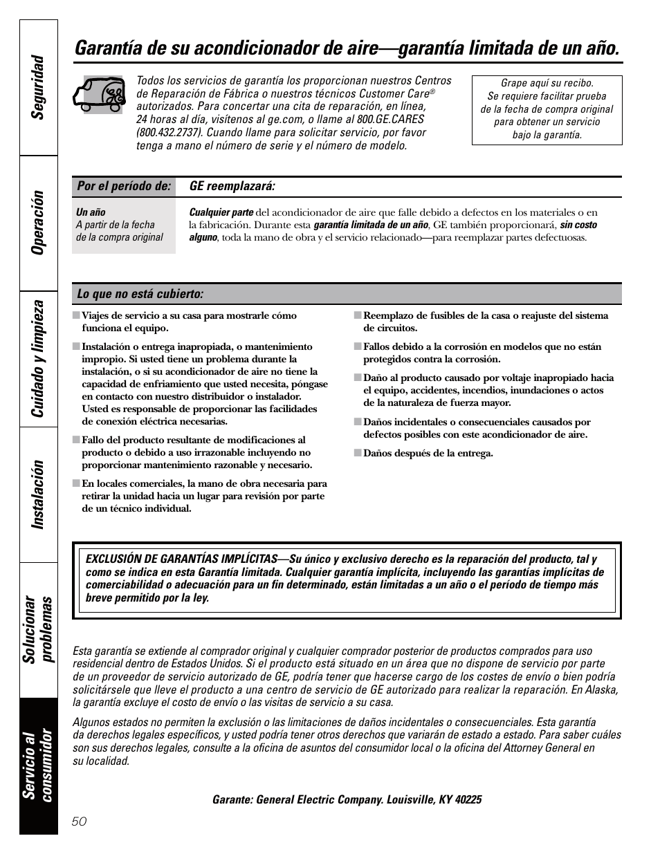 Garantía | GE AEQ12AQ User Manual | Page 50 / 52