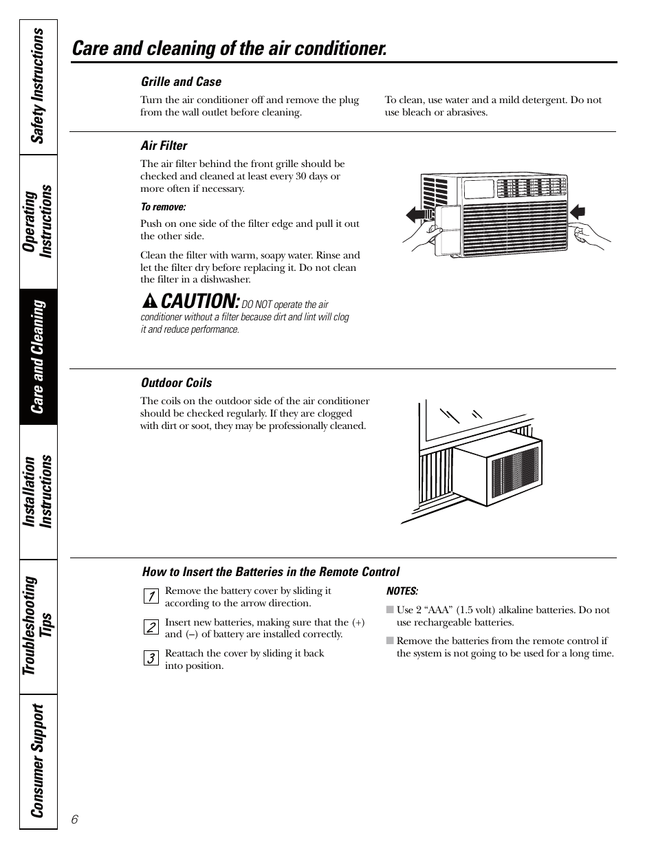 Air filter, Outdoor coils, Air filter outdoor coils | Caution, Care and cleaning of the air conditioner | GE AEQ12AQ User Manual | Page 6 / 52
