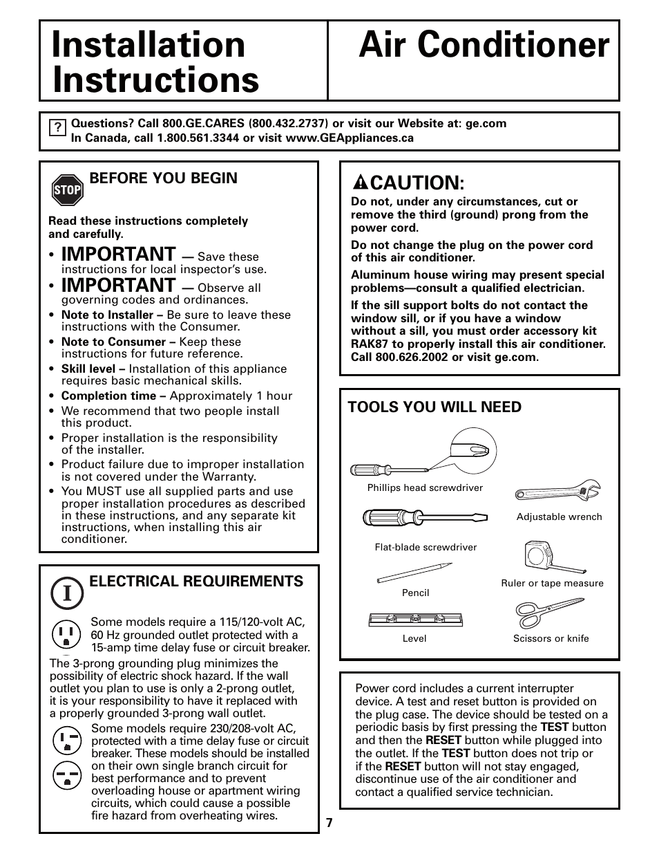 Installation instructions, Installation air conditioner instructions, Important | Caution | GE AEQ12AQ User Manual | Page 7 / 52
