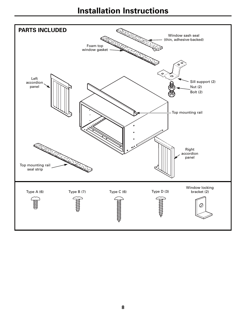 Installation instructions, Parts included | GE AEQ12AQ User Manual | Page 8 / 52