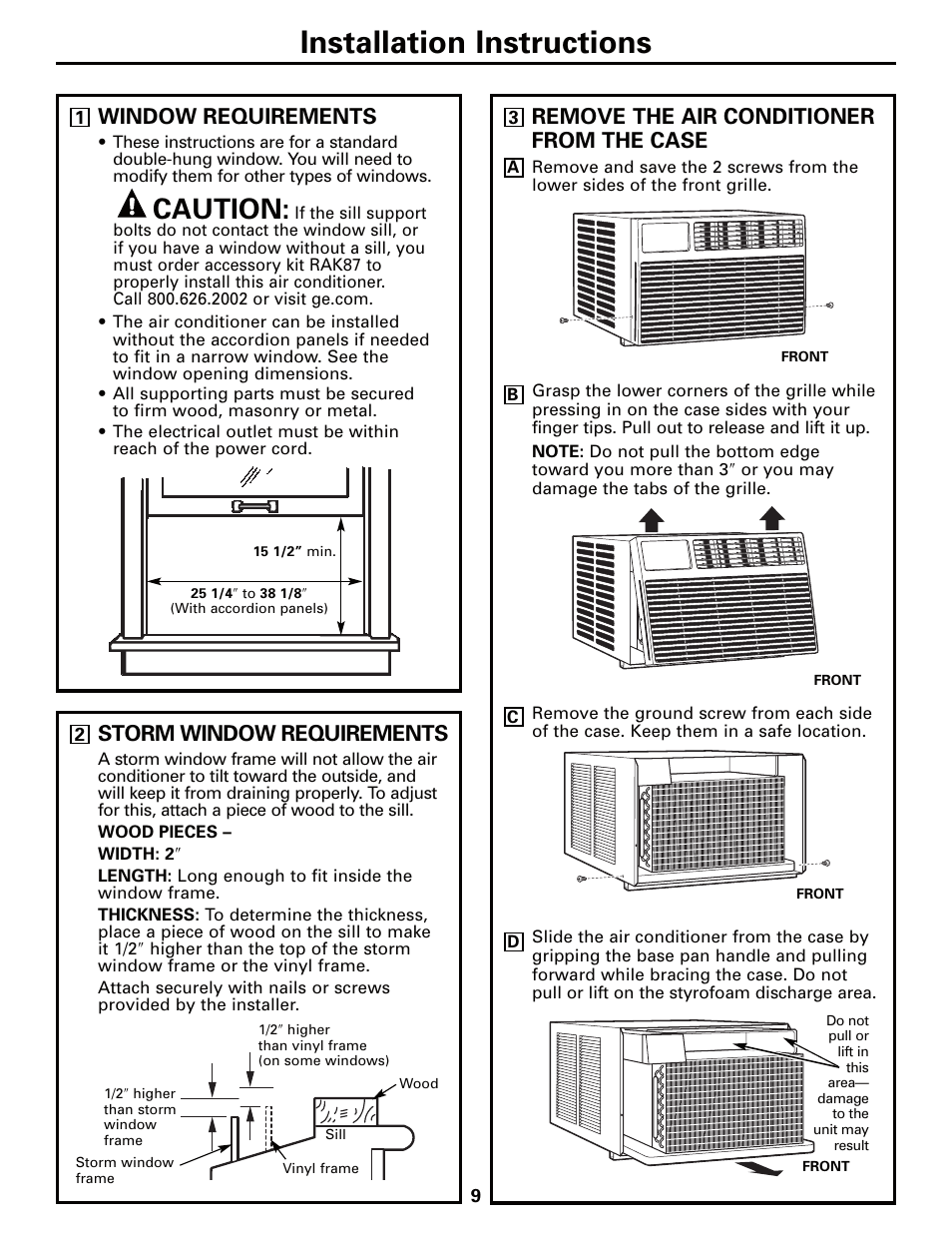 Installation instructions, Caution, Window requirements | Remove the air conditioner from the case, Storm window requirements | GE AEQ12AQ User Manual | Page 9 / 52
