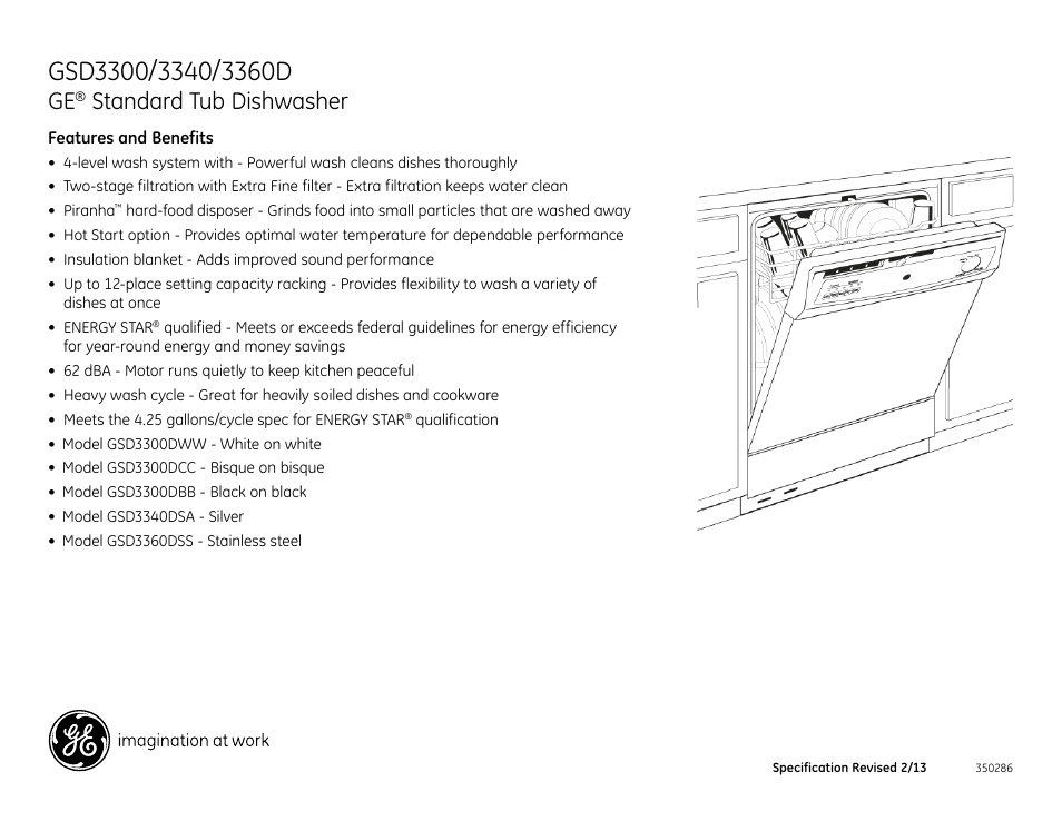 Standard tub dishwasher | GE GSD3300DCC User Manual | Page 2 / 2