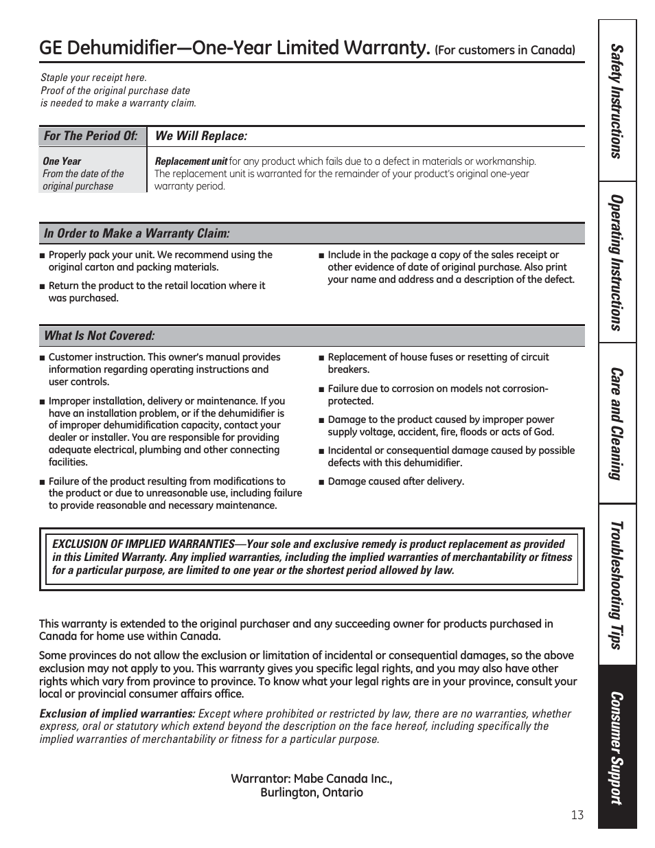 Hkxplglilhu³2qh<hdu/lplwhg:duudqw | GE ADER50LQ User Manual | Page 13 / 36