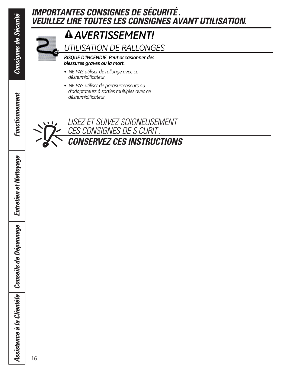 Avertissement, Utilisation de rallonges | GE ADER50LQ User Manual | Page 16 / 36