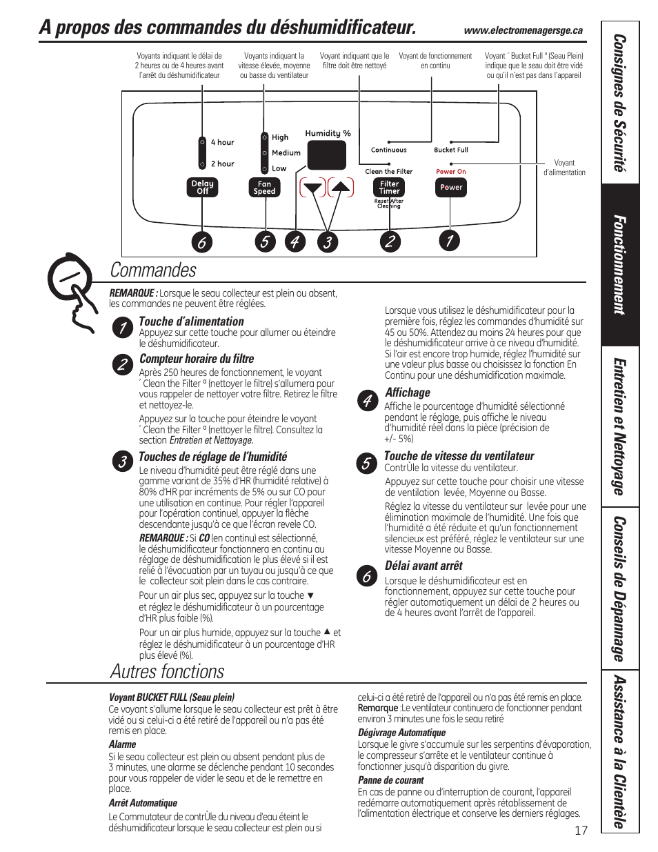 A propos des commandes du déshumidificateur, Commandes autres fonctions | GE ADER50LQ User Manual | Page 17 / 36