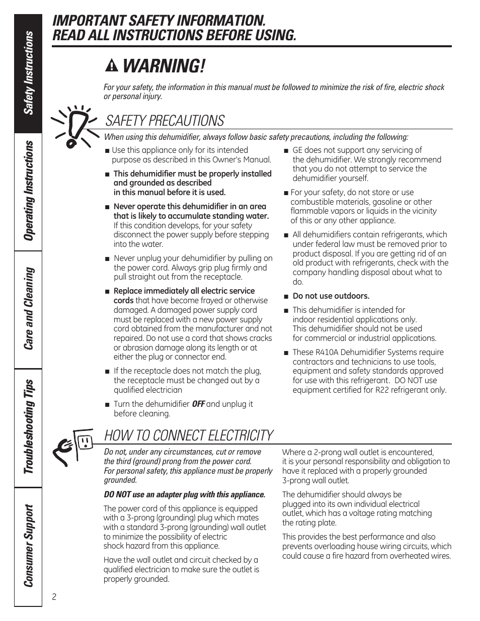 Warning, Safety precautions, How to connect electricity | GE ADER50LQ User Manual | Page 2 / 36
