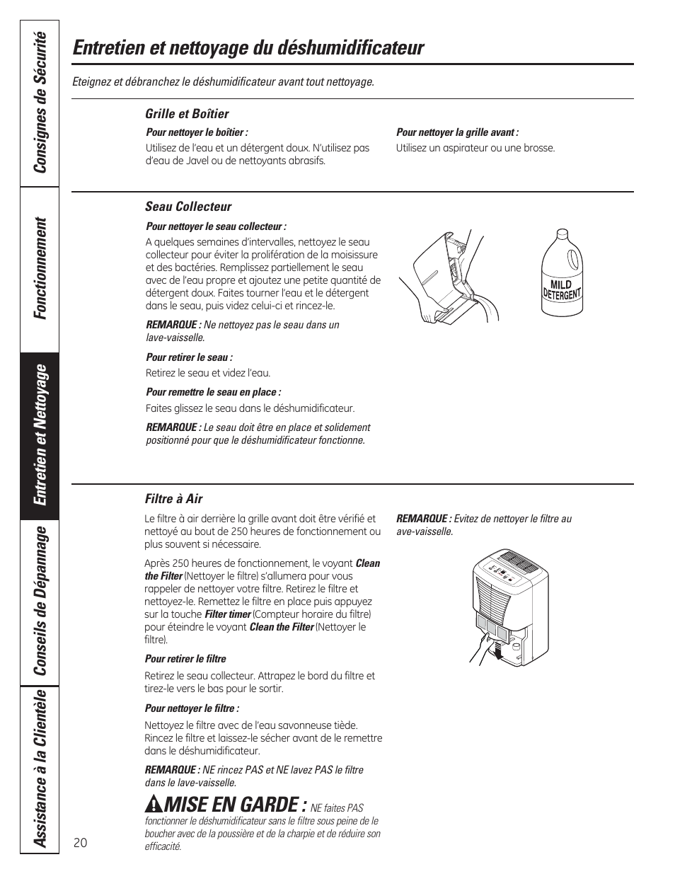 Entretien et nettoyage du déshumidificateur, Mise en garde | GE ADER50LQ User Manual | Page 20 / 36