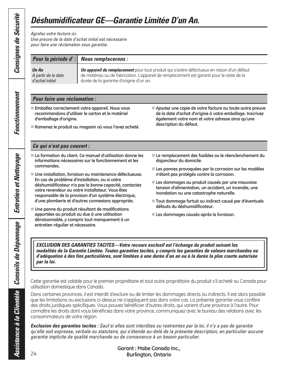 Déshumidificateur ge—garantie limitée d’un an | GE ADER50LQ User Manual | Page 24 / 36