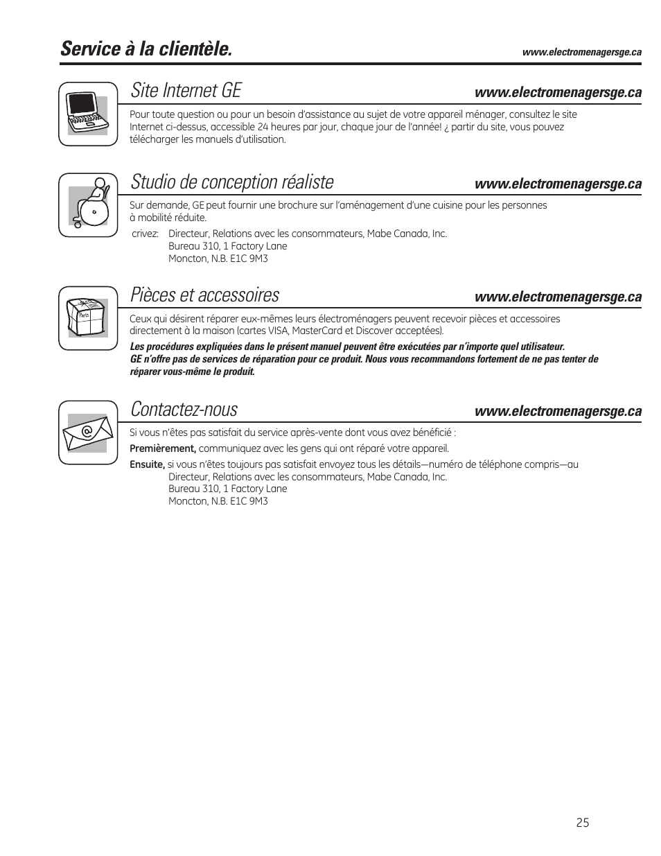 Service à la clientèle, Site internet ge, Studio de conception réaliste | Pièces et accessoires, Contactez-nous | GE ADER50LQ User Manual | Page 25 / 36