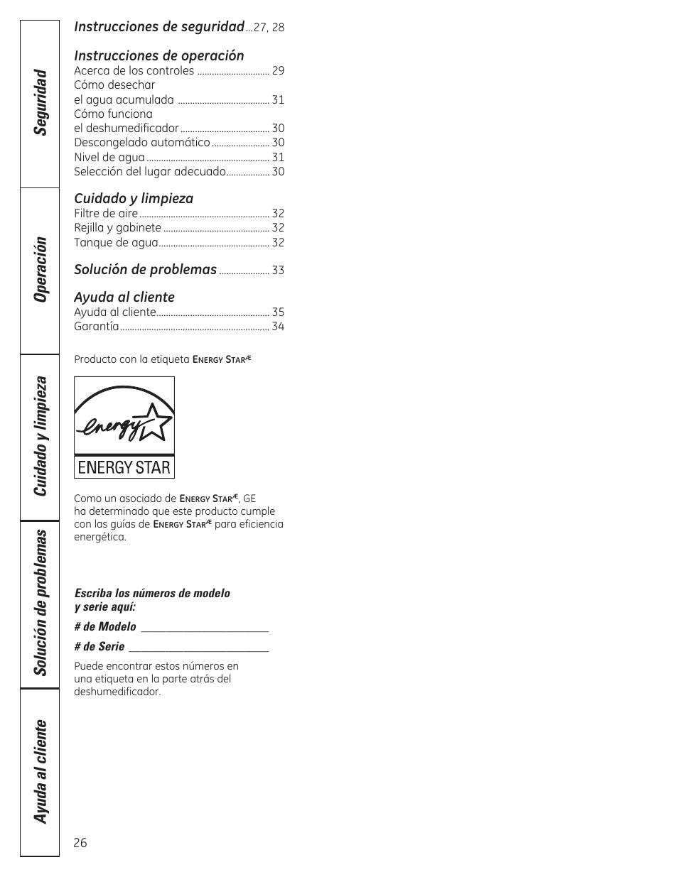 Instrucciones de seguridad, Instrucciones de operación, Cuidado y limpieza | Solución de problemas, Ayuda al cliente | GE ADER50LQ User Manual | Page 26 / 36