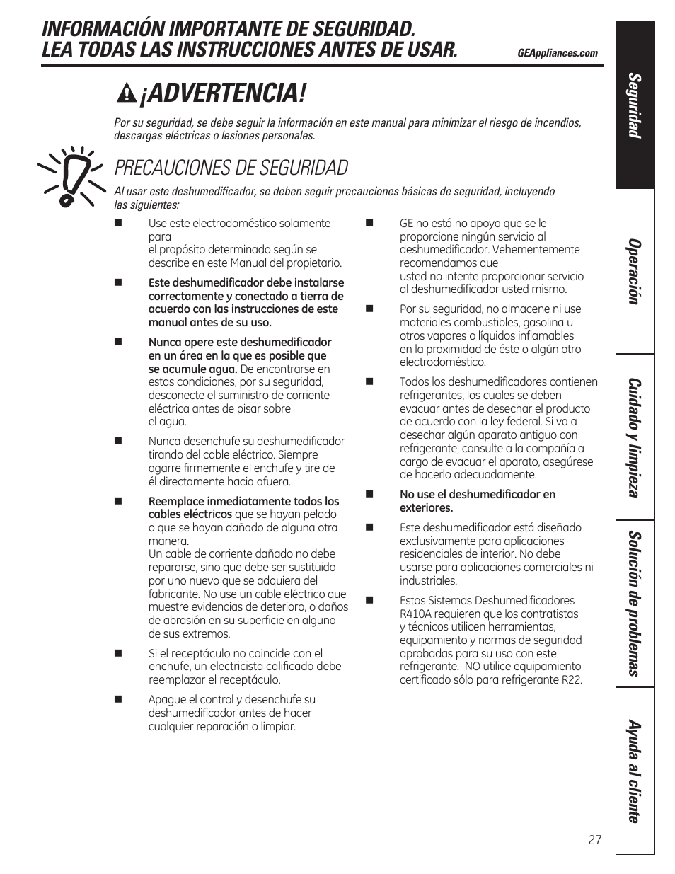 Advertencia, Precauciones de seguridad | GE ADER50LQ User Manual | Page 27 / 36