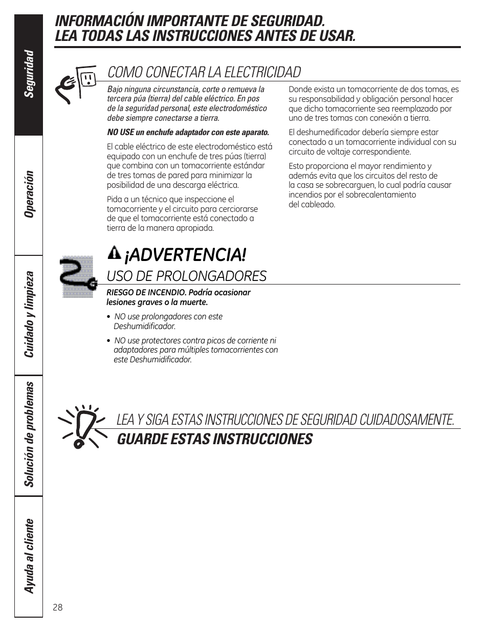 Advertencia, Uso de prolongadores | GE ADER50LQ User Manual | Page 28 / 36