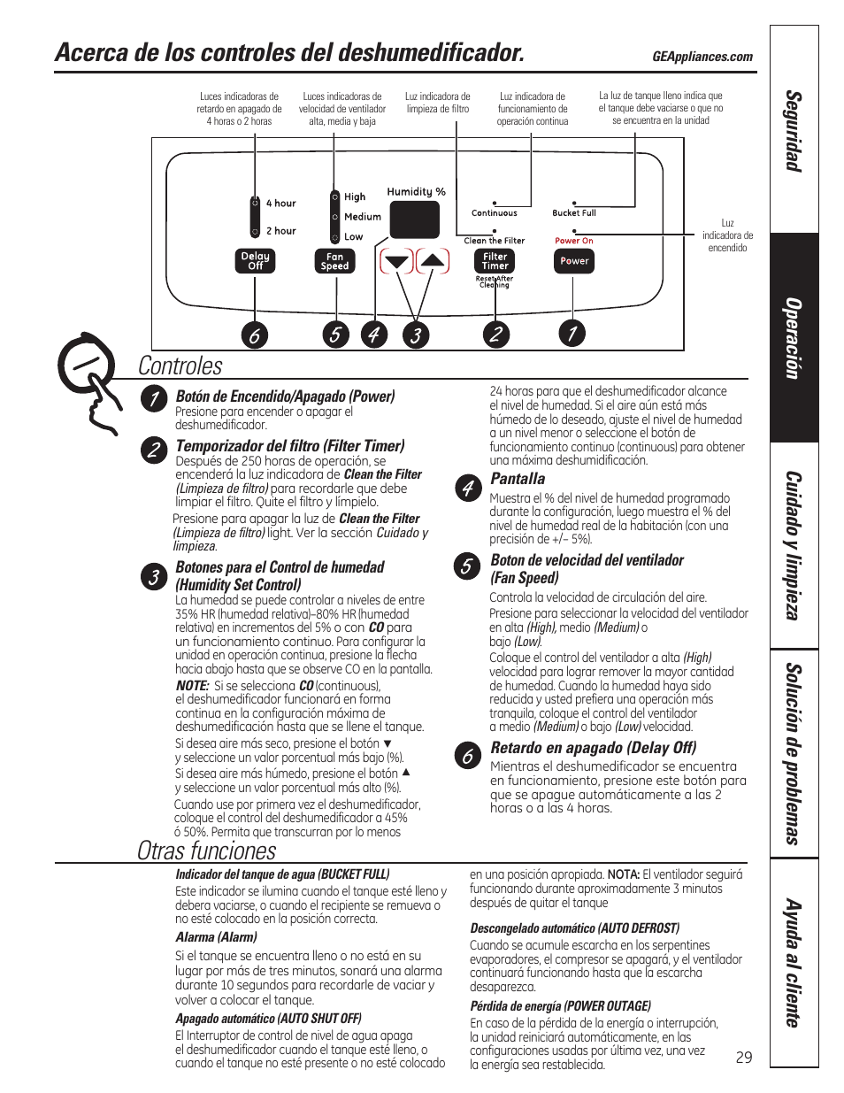 Acerca de los controles del deshumedificador, Controles, Otras funciones | GE ADER50LQ User Manual | Page 29 / 36