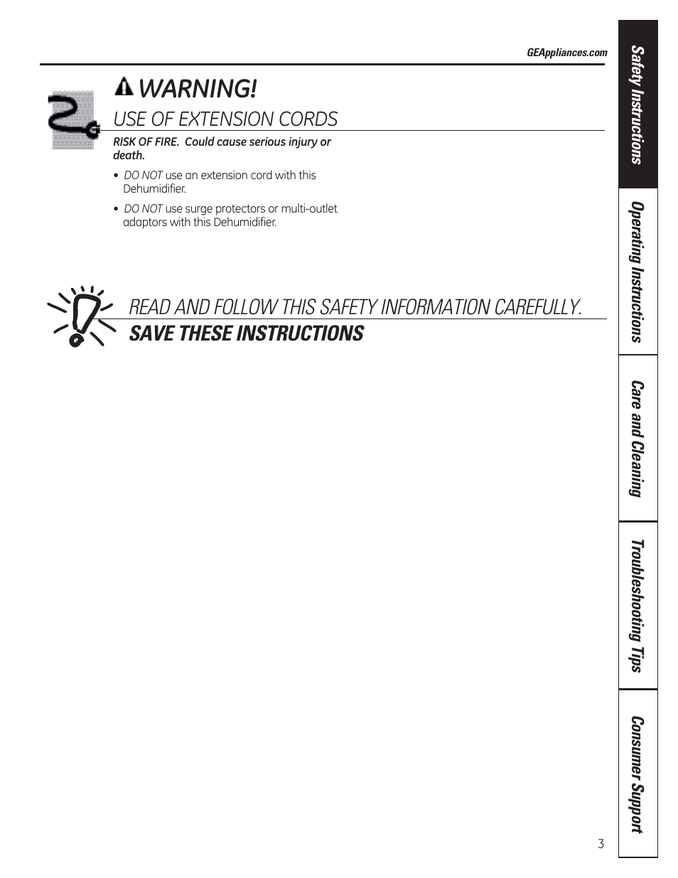 Warning, Use of extension cords | GE ADER50LQ User Manual | Page 3 / 36
