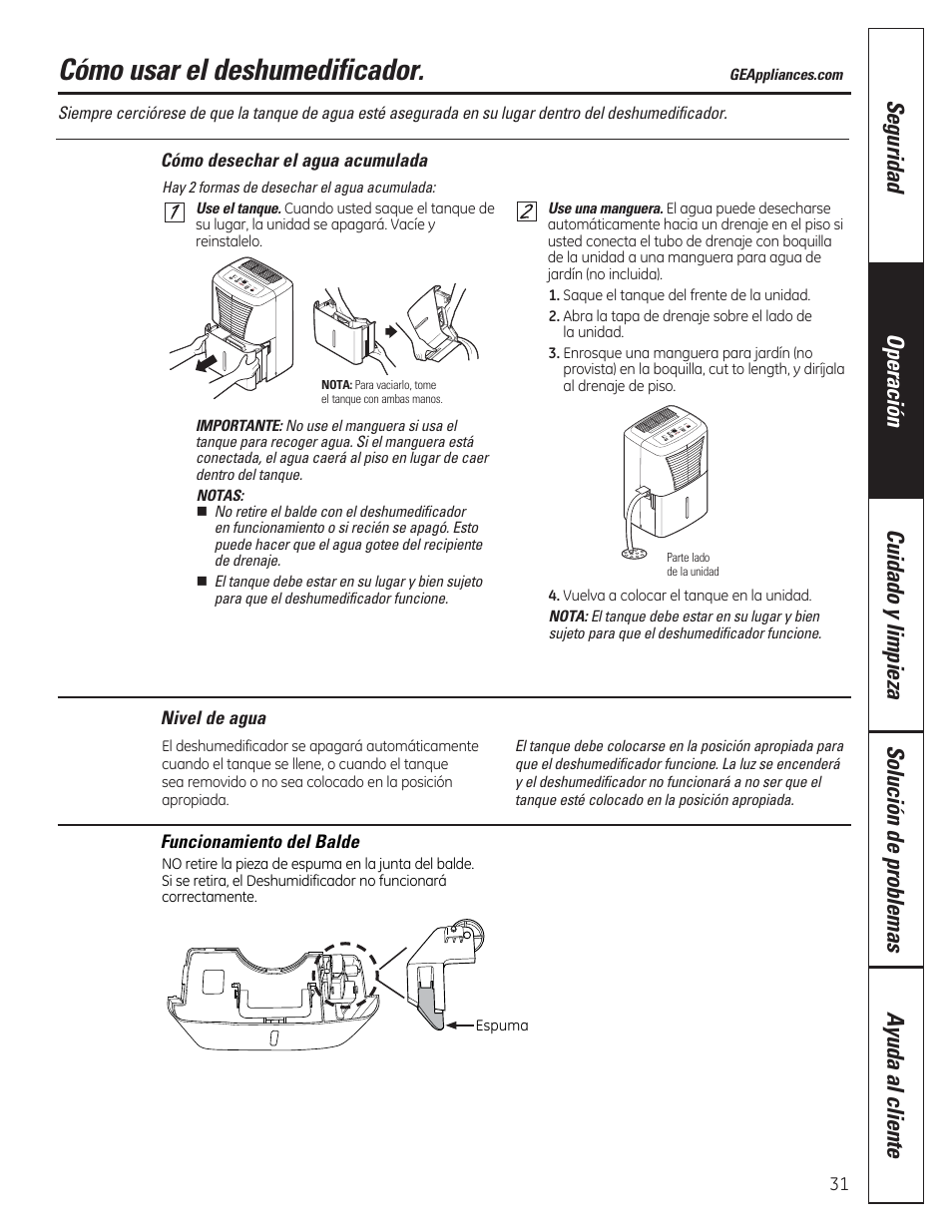 Cómo usar el deshumedificador | GE ADER50LQ User Manual | Page 31 / 36