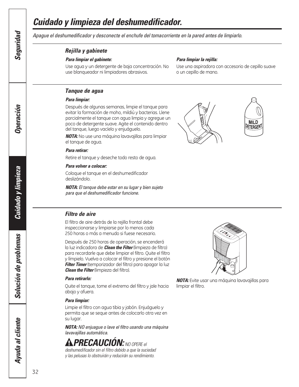 Cuidado y limpieza del deshumedificador, Precaución | GE ADER50LQ User Manual | Page 32 / 36
