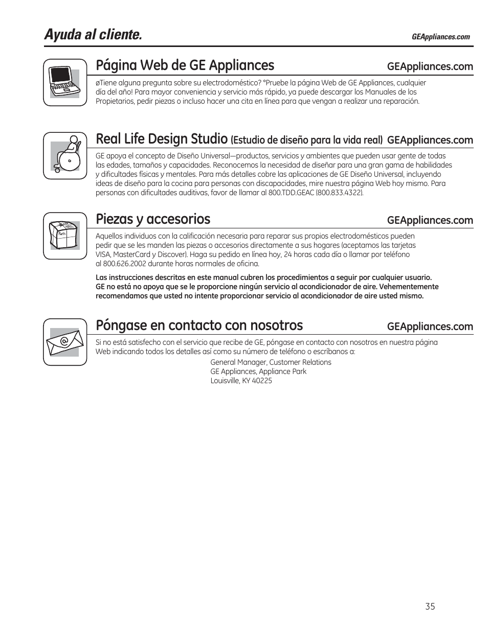 Ayuda al cliente, Página web de ge appliances, Real life design studio | Piezas y accesorios, Póngase en contacto con nosotros | GE ADER50LQ User Manual | Page 35 / 36