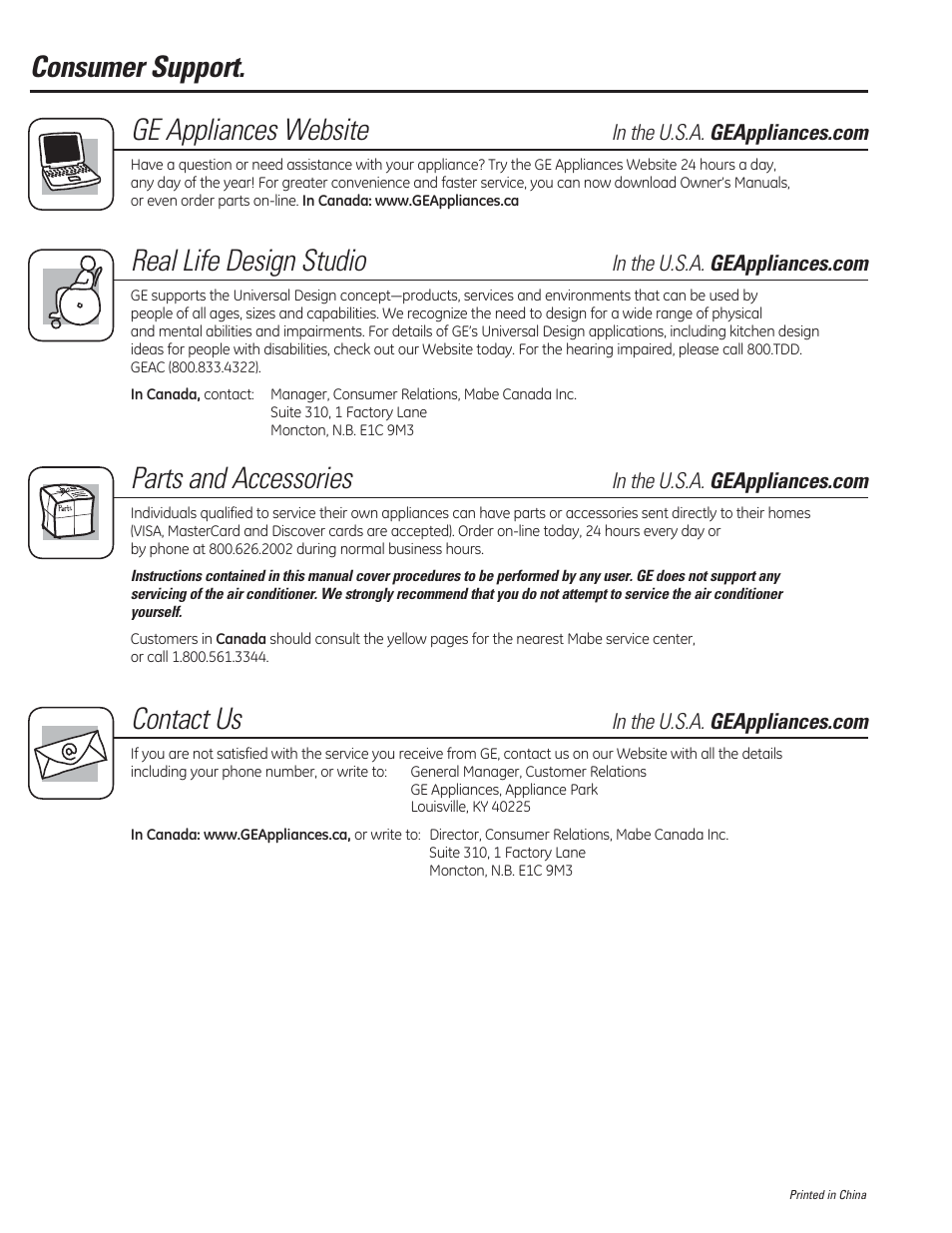 Consumer support. ge appliances website, Real life design studio, Parts and accessories | Contact us | GE ADER50LQ User Manual | Page 36 / 36
