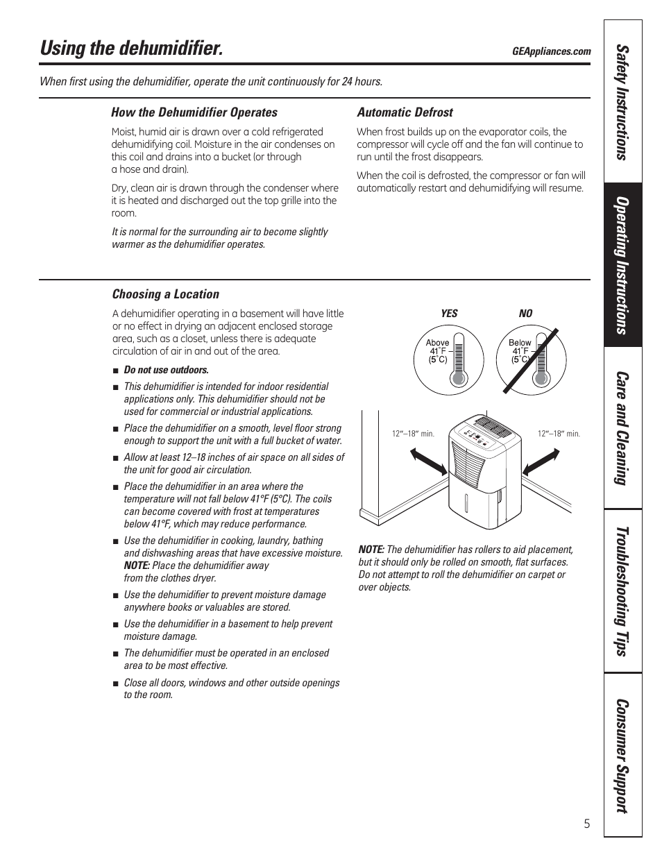 Using the dehumidifier | GE ADER50LQ User Manual | Page 5 / 36