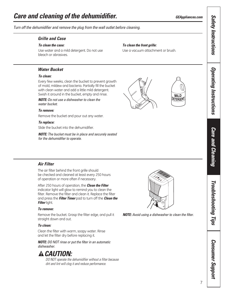 Care and cleaning of the dehumidifier, Caution | GE ADER50LQ User Manual | Page 7 / 36